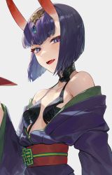 Rule 34 | 1girl, absurdres, bare shoulders, bob cut, breasts, collarbone, cotta (heleif), cup, eyeliner, fate/grand order, fate (series), headpiece, highres, horns, japanese clothes, kimono, long sleeves, looking at viewer, makeup, obi, oni, purple eyes, purple hair, purple kimono, revealing clothes, sakazuki, sash, short hair, shuten douji (fate), skin-covered horns, small breasts, smile, solo, wide sleeves