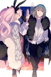Rule 34 | 1boy, 1girl, animal ear fluff, animal ears, black bow, black gloves, black pants, blue eyes, bow, breasts, cape, cloak, closed eyes, diamond hairband, dragonfly wings, echo (circa), fate/grand order, fate (series), fox tail, fur-trimmed cape, fur-trimmed cloak, fur trim, glasses, gloves, grey hair, hair between eyes, hair bow, high five, insect wings, koyanskaya (assassin) (second ascension) (fate), koyanskaya (fate), large breasts, long hair, long sleeves, oberon (fate), oberon (third ascension) (fate), open mouth, pants, pantyhose, pink hair, rabbit ears, shirt, short hair, sidelocks, tail, tamamo (fate), twintails, white pantyhose, white shirt, wings