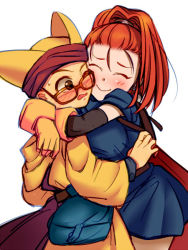 Rule 34 | 1boy, 1girl, barbara (dq6), blush, brown eyes, cape, chamoro, closed eyes, dragon quest, dragon quest vi, dress, elbow gloves, embarrassed, glasses, gloves, haruhito (pixiv56745), hat, hetero, high ponytail, hug, red hair, short dress, simple background, sweatdrop