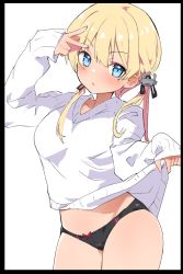 Rule 34 | 1girl, anchor hair ornament, black border, black pants, blonde hair, border, bow, bow panties, caburi, clothes lift, commentary, hair ornament, hat, highres, kantai collection, lifting own clothes, long hair, long sleeves, looking at viewer, low twintails, no pants, panties, pants, parted lips, prinz eugen (kancolle), simple background, sleeves past wrists, solo, standing, sweater, sweater lift, twintails, underwear, v, v-neck, white background, white sweater