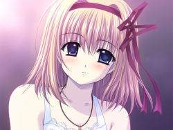 Rule 34 | 00s, 1girl, bare shoulders, blue eyes, blush, collarbone, eyebrows, fuyou kaede, game cg, hair between eyes, hair intakes, hair ribbon, hairband, jewelry, lace, light, looking at viewer, necklace, nishimata aoi, official art, orange hair, parted lips, really? really!, red ribbon, ribbon, shuffle!, sleeveless, solo, suzuhira hiro, upper body