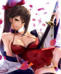 Rule 34 | 1girl, arm support, azur lane, bare shoulders, blurry, blush, breasts, brown hair, cleavage, collarbone, covered navel, depth of field, dress, falling leaves, gluteal fold, grin, highres, katana, large breasts, leaf, long hair, long sleeves, looking at viewer, off shoulder, open clothes, panties, parted lips, ponytail, red dress, ribbon trim, satou daiji, sheath, sheathed, short dress, simple background, smile, solo, sword, teeth, thigh strap, underwear, upskirt, very long hair, weapon, white background, white panties, yellow eyes, zuikaku (azur lane)