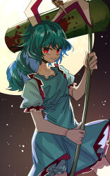 Rule 34 | 1girl, absurdres, ambiguous red liquid, animal ears, bloomers, blue dress, blue hair, commentary, dress, earclip, full moon, highres, holding, ichirugi, kine, long hair, looking at viewer, mallet, moon, outdoors, rabbit ears, rabbit girl, red eyes, seiran (touhou), short sleeves, sky, smile, solo, star (sky), starry sky, touhou, underwear