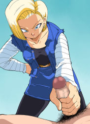 Rule 34 | 1girl, amedama akihito, android 18, blonde hair, blue eyes, blue skirt, bob cut, breasts, censored, clothed female nude male, dragon ball, dragonball z, earrings, gradient background, hand on own hip, handjob, hoop earrings, jacket, jewelry, legs, looking down, lying, medium hair, mosaic censoring, naughty face, nude, old school academy, open mouth, pantyhose, penis, pubic hair, raglan sleeves, simple background, skirt, smile, solo focus, standing, thighs