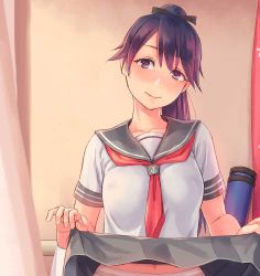 Rule 34 | 10s, 1girl, anchor symbol, blush, breasts, closed mouth, clothes lift, commentary request, curtains, hair ribbon, head tilt, holding, holding clothes, holding skirt, houshou (kancolle), kantai collection, looking at viewer, medium breasts, navel, neckerchief, pantyhose, ponytail, purple eyes, purple hair, red neckerchief, ribbon, school uniform, serafuku, skirt, skirt lift, smile, solo, underwear, upper body, wall, yuuji (and)