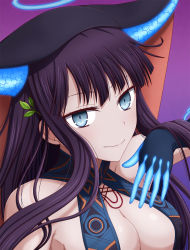 Rule 34 | 1girl, bare shoulders, black dress, black gloves, black headwear, blue eyes, blush, breasts, center opening, cleavage, closed mouth, dress, elbow gloves, fate/grand order, fate (series), gloves, hair ornament, halo, hasebe akira, large breasts, leaf hair ornament, long hair, looking at viewer, purple background, purple hair, smile, very long hair, yang guifei (fate)