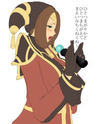 Rule 34 | 00s, 1girl, blush, bobabo, breasts, brown hair, female focus, final fantasy, final fantasy xi, flat color, gloves, green eyes, hat, long hair, open mouth, playstation move, robe, solo, sony, translation request, white background, yve&#039;noile