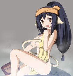 Rule 34 | 1girl, absurdly long hair, animal ears, aquaplus, bare arms, bare legs, bare shoulders, basket, black hair, breasts, breasts out, brown eyes, cat tail, feet out of frame, from side, full body, gradient eyes, hair between eyes, highres, knee up, kuon (utawarerumono), large breasts, long hair, looking at viewer, midriff peek, multicolored eyes, open mouth, ponytail, raised eyebrows, seigetsu, sidelocks, smug, solo, tail, thighs, towel, towel on head, towel over breasts, utawarerumono, utawarerumono: itsuwari no kamen, very long hair, white tail