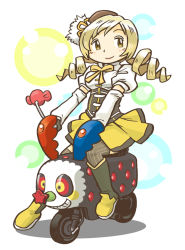 Rule 34 | 10s, 1girl, blonde hair, boots, charlotte (madoka magica), detached sleeves, drill hair, hat, knee boots, magical girl, mahou shoujo madoka magica, mahou shoujo madoka magica (anime), mini hat, mini top hat, motor vehicle, motorcycle, punch arino, scooter, skirt, smile, solo, striped clothes, striped thighhighs, thighhighs, tomoe mami, top hat, twin drills, twintails, vehicle, yellow eyes