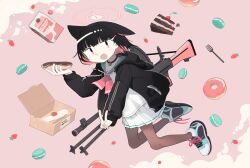 Rule 34 | 1girl, animal ears, black hair, blue archive, ccg, doughnut, eclair (food), food, fruit, halo, highres, kazusa (blue archive), macaron, milk carton, multicolored hair, pantyhose, pink hair, red eyes, shoes, skirt, sneakers, solo, strawberry, weapon