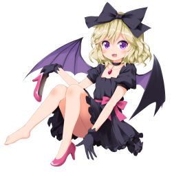 Rule 34 | 10s, 1girl, :d, bare legs, barefoot, bat wings, belt, black bow, black dress, black gloves, black neckwear, black wings, blonde hair, blush, bow, choker, collarbone, dress, elly (tonari no kyuuketsuki-san), erie, eyelashes, fang, feet, floating, frilled dress, frills, full body, gem, gloves, hair bow, hair ornament, high heels, highres, holding, holding shoe, invisible chair, jewelry, knees together feet apart, large bow, looking at viewer, open mouth, pink belt, pink footwear, pink ribbon, puffy short sleeves, puffy sleeves, pumps, purple eyes, ribbon, ruu (tksymkw), unworn shoe, shoes, unworn shoes, short hair, short sleeves, simple background, single shoe, sitting, smile, solo, toes, tonari no kyuuketsuki-san, tsurime, wavy hair, white background, wings