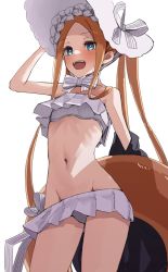 Rule 34 | 1girl, abigail williams (fate), abigail williams (swimsuit foreigner) (fate), abigail williams (swimsuit foreigner) (third ascension) (fate), bare shoulders, bikini, black jacket, blonde hair, blue eyes, bonnet, bow, breasts, fate/grand order, fate (series), forehead, hair bow, innertube, jacket, kopaka (karda nui), long hair, miniskirt, navel, open mouth, parted bangs, sidelocks, skirt, small breasts, smile, solo, swim ring, swimsuit, twintails, unworn jacket, very long hair, white background, white bikini, white bow, white headwear
