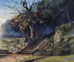 Rule 34 | autumn leaves, bush, commentary request, day, forest, grass, moss, nature, no humans, oil painting (medium), outdoors, painting (medium), path, road, scenery, somei yoshinori, stairs, traditional media, tree, wall