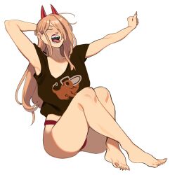 Rule 34 | 1girl, absurdres, arm behind head, armpits, arms up, bare legs, barefoot, black shirt, chainsaw man, closed eyes, demon horns, fingernails, highres, horns, long hair, no pants, orange hair, panties, porqueloin, power (chainsaw man), print shirt, red horns, red panties, sharp fingernails, sharp teeth, sharp toenails, shirt, simple background, solo, tank top, teardrop, teeth, toenails, tongue, tongue out, underwear, white background, yawning