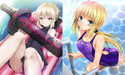 Rule 34 | 2girls, ahoge, artoria pendragon (all), artoria pendragon (fate), ass, blonde hair, breasts, casual one-piece swimsuit, competition swimsuit, dark persona, excalibur morgan (fate), fate/grand order, fate/stay night, fate (series), float, floating, hair between eyes, inflatable raft, inflatable toy, long hair, low ponytail, multiple girls, official alternate costume, one-piece swimsuit, pale skin, ponytail, pool ladder, saber (fate), saber (summer battle clothes) (fate), saber alter, sen (astronomy), small breasts, swimsuit, wading, yellow eyes
