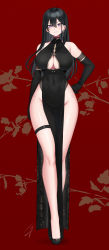Rule 34 | 1girl, bare shoulders, black gloves, black hair, breasts, china dress, chinese clothes, classy-black-haired girl (hayabusa), cleavage, commentary request, covered navel, dress, elbow gloves, full body, gloves, hair between eyes, hand on own hip, hayabusa, highres, long hair, mole, mole on breast, mole under eye, mole under mouth, original, purple eyes, smile, solo, thigh strap, very long hair
