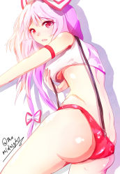 Rule 34 | 1girl, alternate hair color, armband, ass, back, bow, breasts, butt crack, crop top, crop top overhang, fujiwara no mokou, hair bow, hair ornament, hair ribbon, highres, long hair, looking at viewer, looking back, mayonaka taruho, open mouth, panties, pink hair, red eyes, ribbon, shiny skin, simple background, skindentation, sleeveless, solo, suspenders, touhou, twitter username, underboob, underwear, white background
