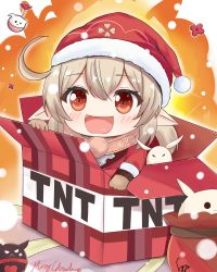 Rule 34 | 1girl, ahoge, blonde hair, blush, box, chibi, christmas, dress, explosion, explosive, genshin impact, gloves, hair between eyes, hat, highres, in box, in container, klee (genshin impact), low twintails, open mouth, pointy ears, red dress, red eyes, santa hat, snow, syyn (syyndev), tnt, tnt block (minecraft), twintails
