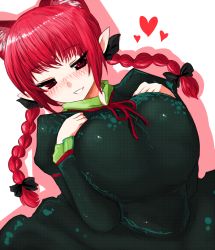 Rule 34 | 1girl, animal ears, blush, braid, breasts, cat ears, cat girl, female focus, half-closed eyes, han (jackpot), huge breasts, kaenbyou rin, large breasts, long hair, naughty face, red eyes, red hair, smile, solo, touhou, white background