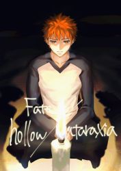Rule 34 | 1boy, absurdres, candle, emiya shirou, english text, fate/hollow ataraxia, fate (series), highres, indian style, light, looking at viewer, male focus, open mouth, orange eyes, orange hair, raglan sleeves, shaded face, shadow, sitting, solo, spiked hair, y das a r