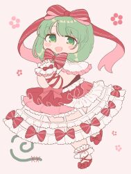 Rule 34 | 1girl, adapted costume, ankle cuffs, arm ribbon, blush stickers, bow, dress, dress bow, frilled dress, frills, front ponytail, full body, green eyes, green hair, hair bow, hair ribbon, hands up, highres, kagiyama hina, looking at viewer, one-hour drawing challenge, open mouth, own hands together, pink background, red bow, red dress, red footwear, red ribbon, ribbon, sakurasaka, shoes, short sleeves, smile, solo, standing, standing on one leg, touhou, wrist cuffs