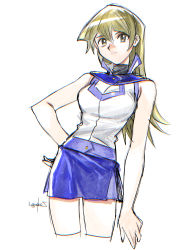 Rule 34 | 1girl, 203wolves, blonde hair, blue skirt, breasts, brown eyes, closed mouth, contrapposto, cowboy shot, cropped legs, duel academy uniform (yu-gi-oh! gx), hair between eyes, hand on own hip, highres, long hair, looking at viewer, medium breasts, miniskirt, shirt, signature, simple background, sketch, skirt, sleeveless, sleeveless shirt, smile, solo, standing, straight hair, tenjouin asuka, thighhighs, turtleneck, white background, white shirt, yu-gi-oh!, yu-gi-oh! gx