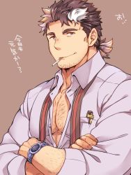 Rule 34 | 1boy, bara, chest hair, cigarette, crossed arms, facial hair, highres, long sideburns, male focus, manly, mononobe kyoma, multicolored hair, muscular, open clothes, open shirt, pectoral cleavage, pectorals, short hair, sideburns, simple background, solo, streaked hair, thick eyebrows, tokyo houkago summoners, translation request, upper body, wafu (youzora samo18), watch, white hair