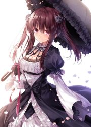 Rule 34 | 1girl, black gloves, breasts, brown hair, buttons, cleavage, closed mouth, dress, flower, gloves, gothic lolita, hair between eyes, hair flower, hair ornament, holding, holding umbrella, lolita fashion, long hair, long sleeves, looking at viewer, medium breasts, nogi takayoshi, original, petals, pink eyes, rose, sidelocks, simple background, sleeves past fingers, sleeves past wrists, smile, solo, twintails, two-tone dress, umbrella, white background