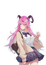 Rule 34 | 1girl, absurdres, alternate costume, backpack, bag, blue eyes, blush, bow, breasts, cardigan, closed mouth, collared shirt, demon horns, hair bow, hair ornament, highres, hololive, horns, itetsuku suika, large breasts, long hair, long sleeves, looking to the side, mano aloe, open cardigan, open clothes, pink hair, plaid, plaid bow, plaid skirt, pleated skirt, pointy ears, shirt, simple background, skirt, smile, solo, very long hair, virtual youtuber, white background, white shirt, wing collar