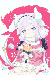 Rule 34 | 10s, 1girl, artist name, beads, blue eyes, blush, bow, capelet, child, crepe, dragon girl, dragon horns, dragon tail, dual persona, electric plug, food, fruit, gradient hair, hair beads, hair ornament, hairband, highres, holding, holding food, horns, kanna kamui, kanna kamui (dragon) (maidragon), kobayashi-san chi no maidragon, lightning bolt symbol, litsvn, long hair, long sleeves, looking at viewer, low twintails, multicolored hair, sitting, solo, tail, thighhighs, twintails, white thighhighs, zettai ryouiki