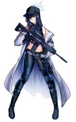 Rule 34 | 1girl, absurdres, armband, assault rifle, bare shoulders, baseball cap, black gloves, black hair, black hat, black pants, black shirt, blue archive, blue eyes, boots, coat, commission, commissioner upload, crop top, cross-laced footwear, foregrip, full body, gloves, gun, halo, hat, highres, knife sheath, lace-up boots, long hair, looking at viewer, midriff, off shoulder, pants, rifle, saori (blue archive), scope, sheath, shirt, sleeveless, sleeveless shirt, smile, solo, standing, stomach, transparent background, weapon, white coat, yuutama2804