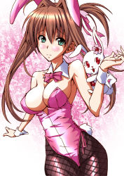 Rule 34 | 1girl, aged up, animal ears, blush, bow, bowtie, breasts, brown hair, cleavage, embarrassed, fake animal ears, fishnet pantyhose, fishnets, flower, green eyes, hair intakes, hair ribbon, jewelpet (series), jewelpet twinkle, large breasts, leotard, long hair, no bra, pantyhose, playboy bunny, rabbit, rabbit ears, rabbit tail, ribbon, ruby (jewelpet), sakura akari, shiny clothes, standing, tail, takamura wamu, twintails, wrist cuffs