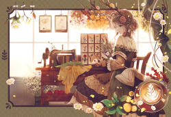Rule 34 | 1girl, antlers, autumn, bouquet, brown hair, brown shirt, capelet, commentary, day, english commentary, flower, from side, green eyes, green jacket, hair between eyes, hair bun, highres, holding, holding bouquet, horns, jacket, latte art, layered sleeves, long sleeves, looking away, looking to the side, on chair, original, purple flower, red flower, rednian, sewing machine, shirt, short over long sleeves, short sleeves, sitting, skirt, smile, solo, sunlight, white capelet, white flower, white skirt, window