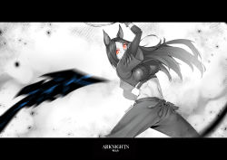 Rule 34 | 1girl, ahoge, arknights, arm up, breasts, commentary, copyright name, covered mouth, dobermann (arknights), forehead, gloves, glowing, glowing eyes, highres, layered sleeves, letterboxed, long hair, long sleeves, looking at viewer, lulu-chan92, medium breasts, midriff, monochrome, navel, pants, parted bangs, red eyes, revision, short eyebrows, short over long sleeves, short sleeves, solo, spot color, thick eyebrows, twitter username, very long hair, wide sleeves