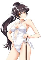 Rule 34 | 1girl, azur lane, bare arms, bare shoulders, black hair, bow, breasts, chiaki tarou, cleavage, collarbone, cowboy shot, eyebrows, eyelashes, fingernails, flower, hair bow, hair flower, hair ornament, hand on own hip, high ponytail, highleg, highleg swimsuit, large breasts, legs apart, long hair, one-piece swimsuit, orange eyes, simple background, solo, standing, swimsuit, takao (azur lane), takao (beach rhapsody) (azur lane), very long hair, white background, white bow, white flower, white one-piece swimsuit