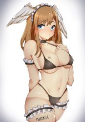 Rule 34 | 1340smile, 1girl, absurdres, arm behind back, bikini, black choker, blue eyes, blush, breast tattoo, breasts, choker, cleavage, eunie (xenoblade), hand on own chest, head wings, highres, large breasts, long hair, looking at viewer, maid, maid bikini, maid headdress, solo, swimsuit, tattoo, thick thighs, thighs, unconventional maid, white wings, wings, xenoblade chronicles (series), xenoblade chronicles 3