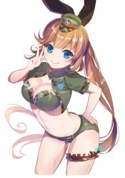 Rule 34 | &gt;:), 10s, 1girl, 6 (roku), alternate costume, arched back, ass, bad id, bad pixiv id, bikini, black ribbon, blue eyes, blush, breasts, clarisse (granblue fantasy), cleavage, cowboy shot, cropped jacket, eyebrows, flat ass, granblue fantasy, green bikini, hair between eyes, hair ribbon, hand on own ass, hand on own hip, hat, large breasts, leaning forward, long hair, looking at viewer, medium breasts, military, military uniform, navel, omucchan (omutyuan), orange hair, peaked cap, ponytail, ribbon, short sleeves, signature, simple background, smile, solo, swimsuit, thigh strap, uniform, v, v-shaped eyebrows, very long hair, white background
