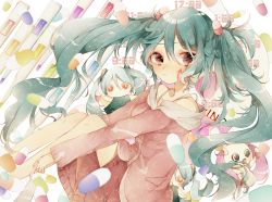 Rule 34 | 1other, 3girls, aimaina, aqua dress, aqua hair, arrow print, cardigan, chibi, closed mouth, doushite-chan, dress, facepaint, hair between eyes, hatsune miku, highres, long hair, looking at viewer, multiple girls, no eyebrows, no hands, no mouth, no nose, off-shoulder cardigan, open mouth, pill, pill hair ornament, pink cardigan, pink eyes, pink skirt, piro (exp 66), red eyes, sidelocks, sitting, skirt, slow motion (vocaloid), spaghetti strap, sparkle, star (symbol), thermometer, twintails, very long hair, vocaloid, wavy hair