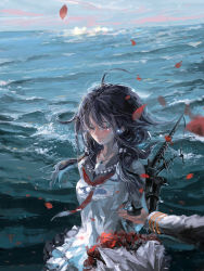 Rule 34 | 10s, 1girl, admiral (kancolle), ahoge, bouquet, cloud, cloudy sky, eyelashes, closed eyes, facing viewer, flower, giving, highres, jewelry, kantai collection, long hair, machinery, messy hair, neckerchief, necklace, ocean, ornate ring, outdoors, petals, purple hair, ring, rose petals, sailor collar, school uniform, serafuku, sky, smile, solo focus, stu dts, taigei (kancolle), tears, twintails, upper body, waves, wedding ring, whale