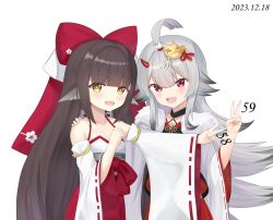 Rule 34 | 2girls, :d, animal ears, azur lane, bow, breasts, brown eyes, brown hair, cleavage, commentary request, dated, detached sleeves, fang, flipped hair, grey hair, hair between eyes, hair bow, hakama, hakama skirt, harutsuki (azur lane), hibiki (azur lane), highres, horns, japanese clothes, long hair, long sleeves, mrw45, multiple girls, open mouth, outstretched arm, purple eyes, red bow, red hakama, ribbon-trimmed sleeves, ribbon trim, simple background, skirt, small breasts, smile, v, very long hair, white background, white sleeves, wide sleeves