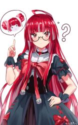 Rule 34 | 1girl, ?, black dress, blush, bow, confused, corset, double bun, dress, glasses, hair bun, hand on own hip, highres, hololive, hololive indonesia, jeze, kureiji ollie, long hair, looking at viewer, multicolored hair, olivia (kureiji ollie), pink hair, red bow, red eyes, red hair, solo, speech bubble, streaked hair, very long hair, virtual youtuber, white background, x x, zombie