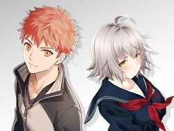Rule 34 | 1boy, 1girl, ahoge, blush, emiya shirou, fate/grand order, fate/stay night, fate (series), highres, jacket, jeanne d&#039;arc alter (fate), looking at viewer, non-web source, orange hair, pout, pouty lips, school uniform, short hair, simple background, smile, track jacket, white background, white hair, yellow eyes