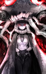 Rule 34 | 10s, 1girl, abyssal ship, bad id, bad pixiv id, bodysuit, cape, gloves, highres, kantai collection, looking at viewer, mono (nekogoya), pale skin, red eyes, solo, staff, wo-class aircraft carrier