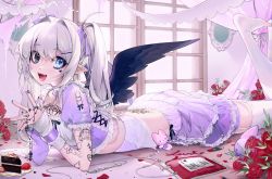 Rule 34 | 1girl, ahoge, angel wings, back tattoo, black nails, black ribbon, black wings, blood, blood bag, blouse, blue eyes, cake, chest tattoo, cross, detached sleeves, ear piercing, fangs, flower, food, fork, fruit, garter belt, garter straps, grey eyes, grey hair, hair between eyes, hair intakes, hair ornament, hair ribbon, hairclip, heart, heart ahoge, heterochromia, highres, lace, lace-trimmed skirt, lace trim, lipstick, lipstick writing, long hair, lying, makeup, mat, mazamuno, midriff, mirror, nail art, nail polish, on stomach, open mouth, original, own hands together, petals, piercing, pointy ears, puffy short sleeves, puffy sleeves, purple nails, purple ribbon, purple shirt, purple skirt, ribbon, rosary, rose, shirt, short sleeves, skirt, sleeping, strawberry, stuffed bat, tattoo, thighhighs, toeless legwear, torn clothes, tramp stamp, twintails, white thighhighs, window, wings, yami kawaii