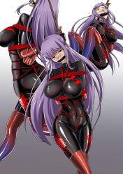 Rule 34 | 1girl, absurdres, arms behind back, asagami fujino, ass, bdsm, bodysuit, bondage, bondage outfit, boots, bound, breasts, corpse, crying, dozm (txnmb), ero guro, execution, eyebrows hidden by hair, fate/grand order, fate (series), gag, gagged, gloves, guro, hanged, highres, kara no kyoukai, large breasts, latex, latex bodysuit, long hair, purple hair, red eyes, ryona, shibari, solo, tears, thigh boots