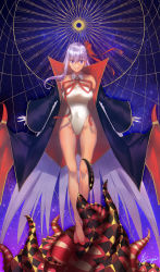 Rule 34 | 1girl, bb (fate), bb (fate/extra), bb (swimsuit mooncancer) (fate), bb (swimsuit mooncancer) (third ascension) (fate), black cape, bow, breasts, cape, collared leotard, covered navel, fate/extra, fate/extra ccc, fate (series), floating hair, full body, gloves, gluteal fold, hair between eyes, hair bow, highleg, highleg leotard, highres, hiiragi (karashriker), large breasts, leotard, long hair, looking at viewer, neck ribbon, outstretched arms, parted lips, purple background, purple eyes, red bow, red footwear, red ribbon, ribbon, signature, silver hair, solo, standing, thigh gap, very long hair, white gloves, white leotard, wing collar