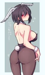 Rule 34 | ..., 1girl, absurdres, animal ears, ass, back, black hair, blue background, blush, cowboy shot, detached collar, fate/grand order, fate (series), flying sweatdrops, head wings, highres, ishibori eregomos, leotard, looking at viewer, ortlinde (fate), pantyhose, playboy bunny, rabbit tail, red eyes, short hair, simple background, solo, standing, tail, translation request, two-tone background, valkyrie (fate), wings, wrist cuffs