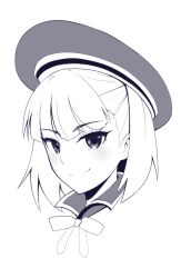 Rule 34 | 1girl, blush, boa (brianoa), closed mouth, fate/grand order, fate (series), greyscale, hat, helena blavatsky (fate), highres, looking at viewer, monochrome, neck ribbon, portrait, purple theme, ribbon, simple background, smile, smug, solo, white background