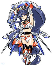 Rule 34 | 1girl, android, bikini, blue eyes, blue hair, commentary request, dark blue hair, dated, detached sleeves, foot out of frame, halo, halo behind head, head chain, hexagon print, highres, jewelry, leg armor, long hair, low-braided long hair, low-tied long hair, otohime (housamo), r-te (restricted te), ribbon hair, sidelocks, signature, simple background, solo, swimsuit, tokyo houkago summoners, very long hair, white background