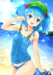 Rule 34 | 1girl, backpack, bag, bare arms, bare shoulders, beach, bikini, bikini bottom only, blue bikini, blue eyes, blue hair, blue sky, chemise, chiroshiron, cloud, day, hair bobbles, hair ornament, hat, highres, kawashiro nitori, lake, looking at viewer, matching hair/eyes, open mouth, outdoors, sky, smile, solo, strap pull, swimsuit, touhou, twintails, two side up, unworn backpack, unworn bag, wrench